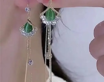 Gold Jade Crystal Drop Earrings