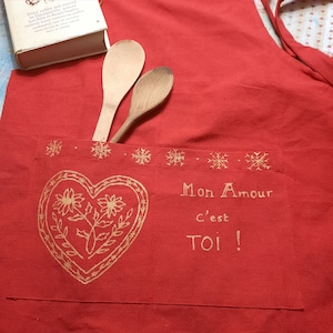personalized kitchen apron, red and gold, hand painted, made in France