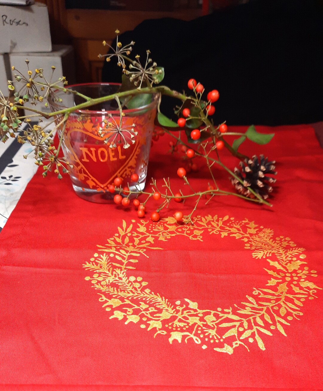Christmas Table Runner Red and Gold Hand Painted Etsy