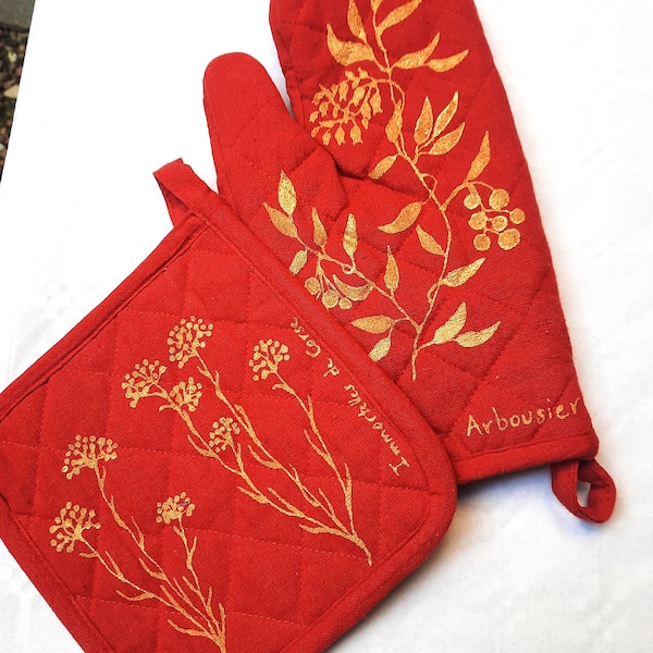 Set cuisine rouge et or, personnalisé, motifs maquis corse, peint main, fait en France