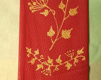 Personalized glasses case, red and gold, hand painted, made in France