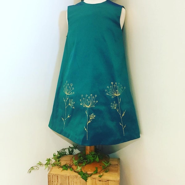 procession dress in emerald silk hand painted with golden grasses, made in France