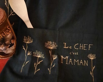 tablier de cuisine, noir et or, personnalisé, peint à la main, personnalisé, fait en France