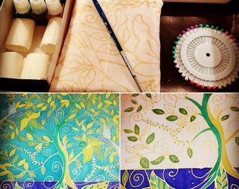 kit créatif foulard en soie vert et or