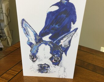 Blue Frenchie folded note card 4.5 inch X 5 inch