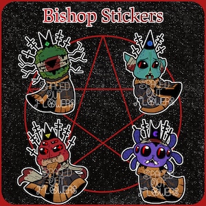 May include: Four colorful stickers featuring cartoon characters with crowns and the text "Spaced Out Flowers" on a black background with a red pentagram.