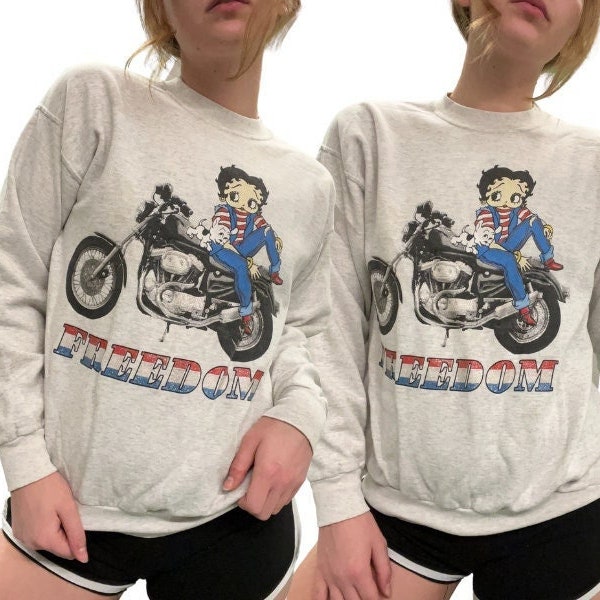 Freedom Betty Boop Motorcycle Heather Gray Sweater Pullover | Vintage Sweatshirts | Sweaters