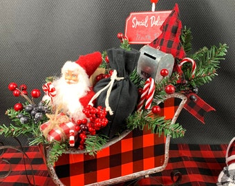 Small Christmas centerpiece, Santa's sleigh arrangement, Christmas decor, Buffalo check decor, Farmhouse Christmas, Side table Christmas