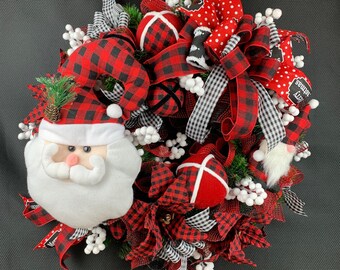 Santa Claus wreath, Buffalo check Santa, Christmas wreath, Farmhouse Christmas, Trendy Christmas decor, Santa and Gnome wreath, Red & Black