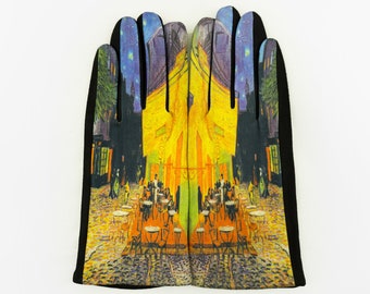 Guantes de invierno para mujer - Van Gogh, "Cafe de Terrace" estampado en azul.