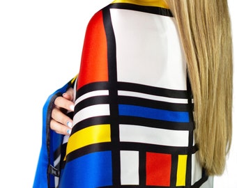 Mulberry silk large scarf - Piet Mondrian "Composition in red, blue and yellow". Anniversary gift for her