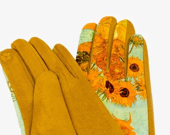 Dames handschoenen - Van Gogh, "Zonnebloemen" print in zonnige gele kleur.