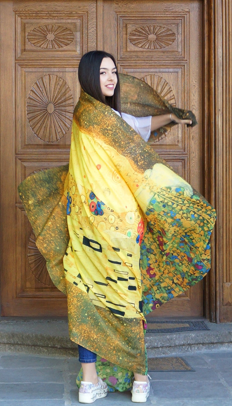 Gustav Klimt scarf - 'The Kiss' | Artistic yellow shawl for women | Festival Clothing | Gift for women 