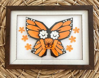 Origami Owl & Monarch Butterfly Art: Hand-Folded Japanese Paper Collage in Frame (A5), Original Piece