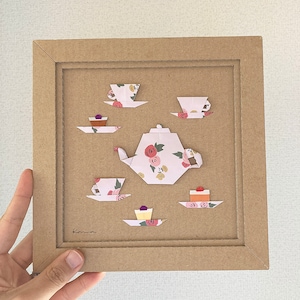 Art en origami de l'heure du thé / service à thé carte en origami / cadeau pour amateur de thé / décoration murale / décoration de cuisine / théière, tasse à thé, gâteaux, goûter, poterie