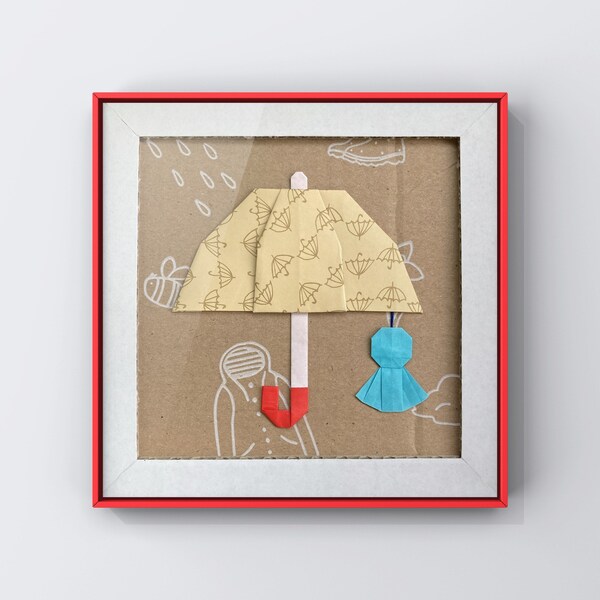 Rainy Day Origami Art Card / Rainy Day Art / Japanese Origami Art / Collage Art / ECO Friendly Gift / Handmade Greeting Card, Upcycling Art