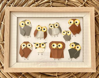 Origami Owl Art: Hand-Folded Japanese Paper Collage in Frame (A5), Original Piece