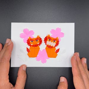 Origami shisa-kunst (formaat: A6)/okinawa-papiercollage/Japanse kunst/handgemaakte wenskaart/kersenbloesem/handgevouwen origineel kunstwerk