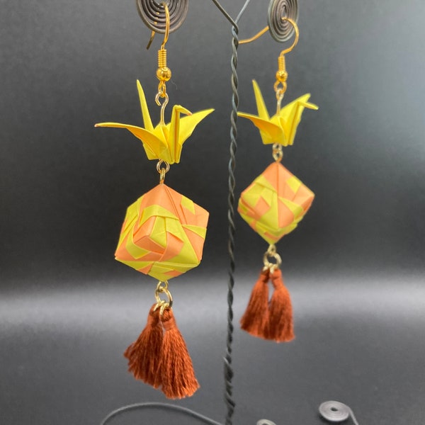 Origami Earrings w. Crane, Cube and Tassels (OR&YL)/ Handmade  Earrings / Japanese Traditional Paper Craft / Lightweight/ Statement Earrings