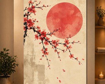 Japanese Blossom Wall Art Vintage Red Sun Poster Floral Branch Print Asian Inspired Decor
