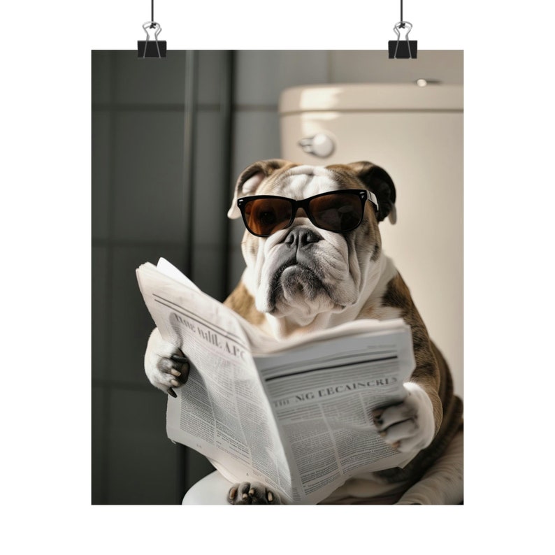 English Bulldog, Reading Newspaper on Toilet, Merle, Funny, Cute, Wall Poster, Wall Decor, Gift, Poster image 4