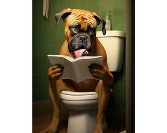 Boxer, Dog, Reading on Toilet, Funny, Cute, Wall Poster, Wall Decor, Dog Lover Gift, Poster, Puppy