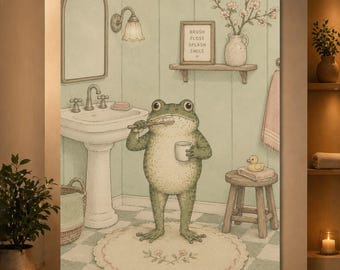 Frog Brushing Teeth Bathroom Poster, Whimsical Frog Wall Art, Cute Kids Bathroom Decor, Brush Floss Splash Smile Print