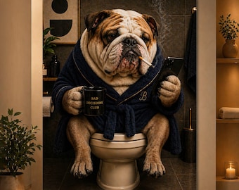Funny Bulldog Bathroom Poster, Bulldog on Toilet with Phone, Bad Decisions Dog Art, Dark Bathroom Humor, Dog Lover Gift