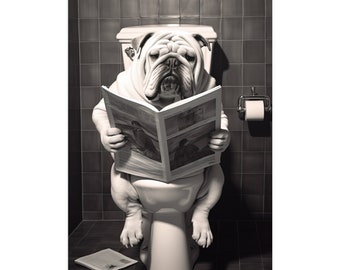 English Bulldog, Reading Newspaper, Bathroom, Cute, Funny, Wall Poster, Wall Decor, Gift, Poster