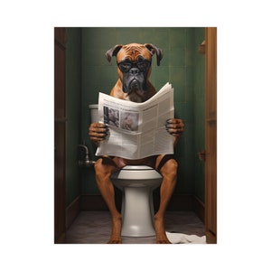 Boxer, Reading Newspaper, Toilet, Bathroom, Dog, Cute, Funny, Wall Poster, Wall Decor, Gift, Poster