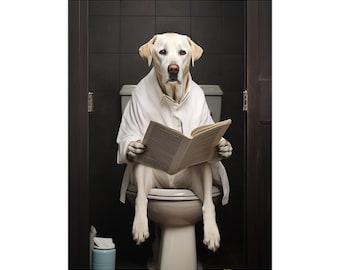 Labrador, Reading Newspaper, Toilet, Dogs, Bathroom, Cute, Funny, Wall Poster, Wall Decor, Gift, Poster