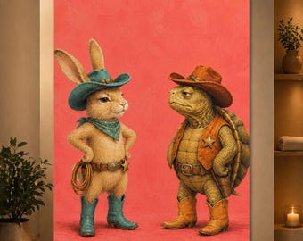 Cowboy Bunny and Turtle Poster, Funny Western Animal Wall Art, Whimsical Rabbit Turtle Print, Cute Nursery Decor