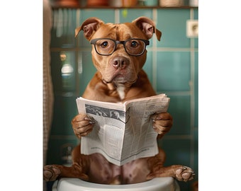 Pitbull, Dog, Reading Newspaper on Toilet, Funny, Cute, Wall Poster, Wall Decor,  Gift, Poster