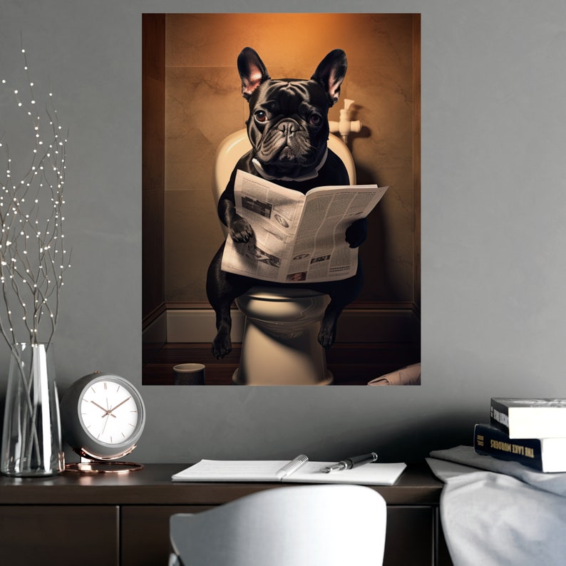 French Bulldog, Reading Newspaper, Toilet, Dogs, Bathroom, Cute, Funny, Wall Poster, Wall Decor, Gift, Poster image 2