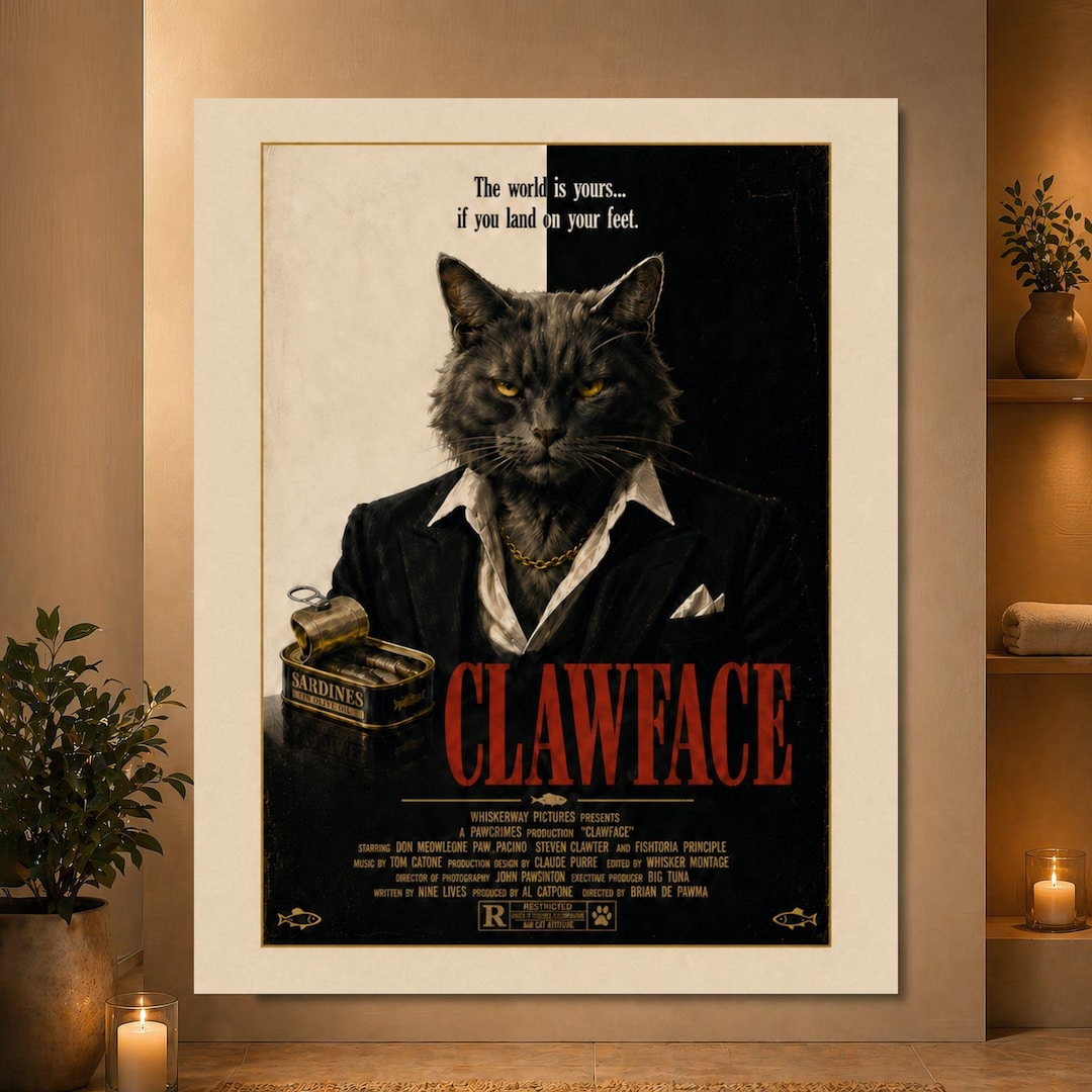 Clawface Cat Poster, Funny Cat Crime Movie Poster, Vintage Gangster Cat ...