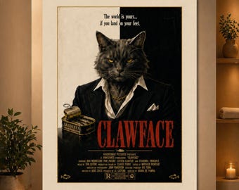 Clawface Cat Poster, Funny Cat Crime Movie Poster, Vintage Gangster Cat Wall Art, Retro Mafia Cat Print, Cat Lover Gift