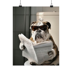English Bulldog, Reading Newspaper on Toilet, Merle, Funny, Cute, Wall Poster, Wall Decor, Gift, Poster image 2