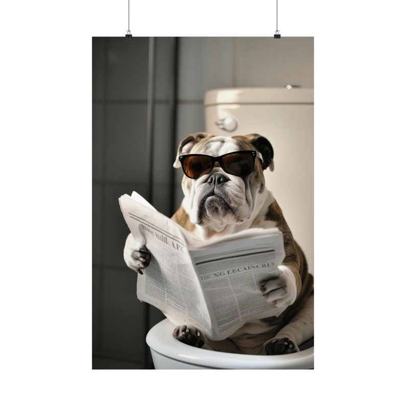 English Bulldog, Reading Newspaper on Toilet, Merle, Funny, Cute, Wall Poster, Wall Decor, Gift, Poster image 3