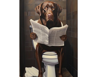 Labrador Retriever, Reading Newspaper, Toilet, Dogs, Bathroom, Cute, Funny, Wall Poster, Wall Decor, Gift, Poster