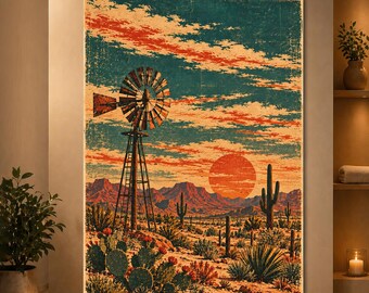 Desert Windmill Wall Art Vintage Western Sunset Poster Southwestern Landscape Print