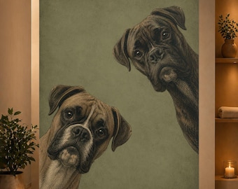 Two Curious Boxer Dogs Poster, Vintage Boxer Wall Art, Funny Dog Print, Dark Academia Animal Decor, Quirky Boxer Dog Poster