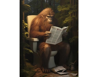 Bigfoot on Toilet, Reading Newspaper, Bathroom, Cute, Funny, Wall Poster, Wall Decor, Gift, Poster