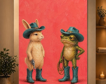 Cowboy Frog and Bunny Poster, Funny Western Animal Wall Art, Whimsical Frog Rabbit Print, Cute Cowgirl Decor
