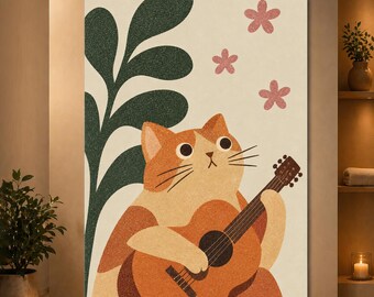 Cat Playing Guitar Wall Art Retro Animal Musician Poster Whimsical Orange Cat Print
