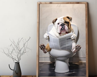 English Bulldog, Toilet, Reading, Newspaper, Wall Decor, Funny Bathroom, Animal Print, Home Printables, Digital Art, Instant Download