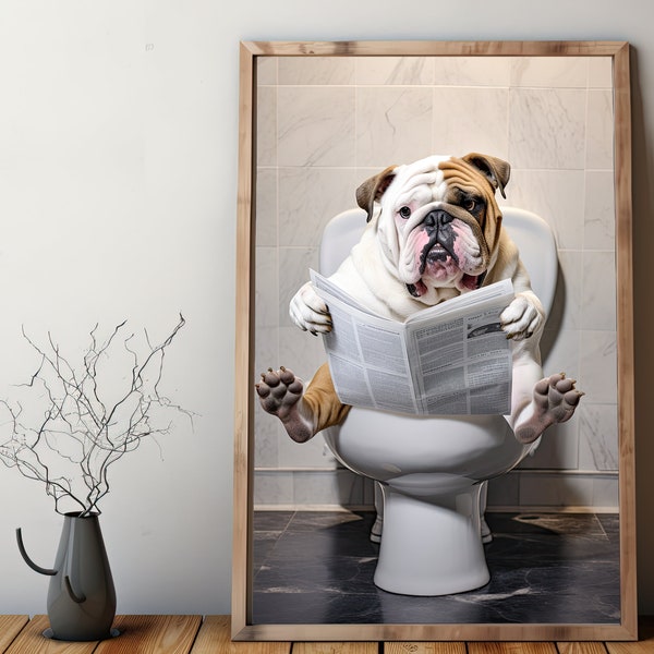 English Bulldog, Toilet, Reading, Newspaper, Wall Decor, Funny Bathroom, Animal Print, Home Printables, Digital Art, Instant Download