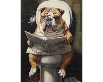English Bulldog, Reading Newspaper on Toilet, Funny, Cute, Wall Poster, Wall Decor, Dog Lover Gift, Poster, Puppy