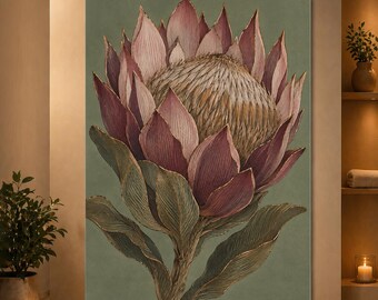 Protea Wall Art Dusty Pink Flower Vintage Botanical Poster Olive Green Floral Print