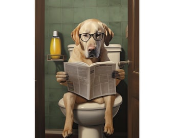 Labrador, Reading Newspaper, Toilet, Dogs, Bathroom, Cute, Funny, Wall Poster, Wall Decor, Gift, Poster