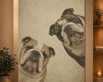 Two Curious English Bulldogs Poster, Vintage Bulldog Wall Art, Funny Dog Print, Dark Academia Animal Decor, Quirky Bulldog Poster